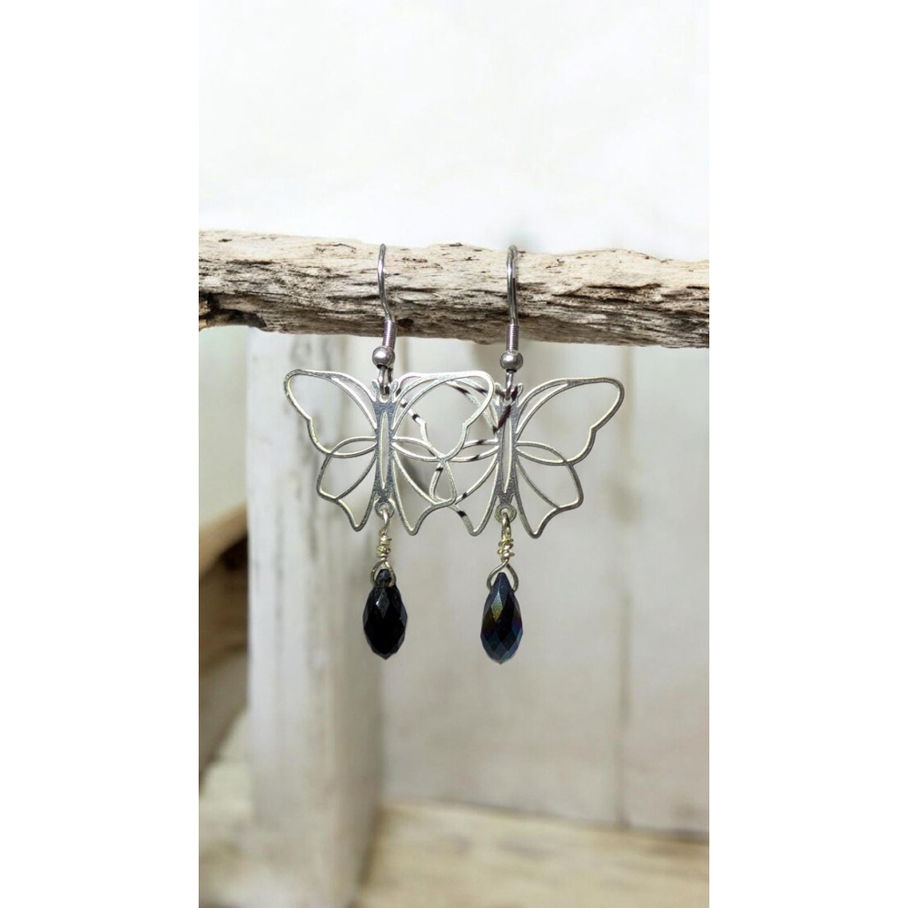 Butterfly Dangle Earrings, Stainless Steel Black Metallic Glass Teardrop Beads